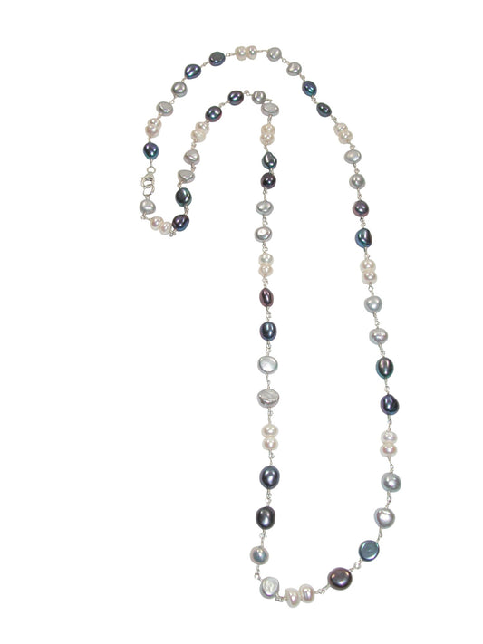 N5494 Grey Peacock White Pearl Jointed Necklace