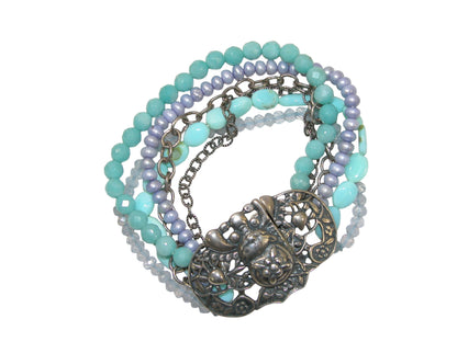 34428 Magnetic Clasp Amazonite, Freshwater Pearl, Peruvian Opal Bracelet