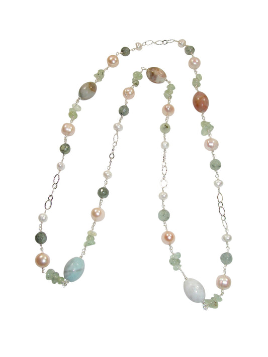 N5486 Aquamarine Prehnite Long Necklace