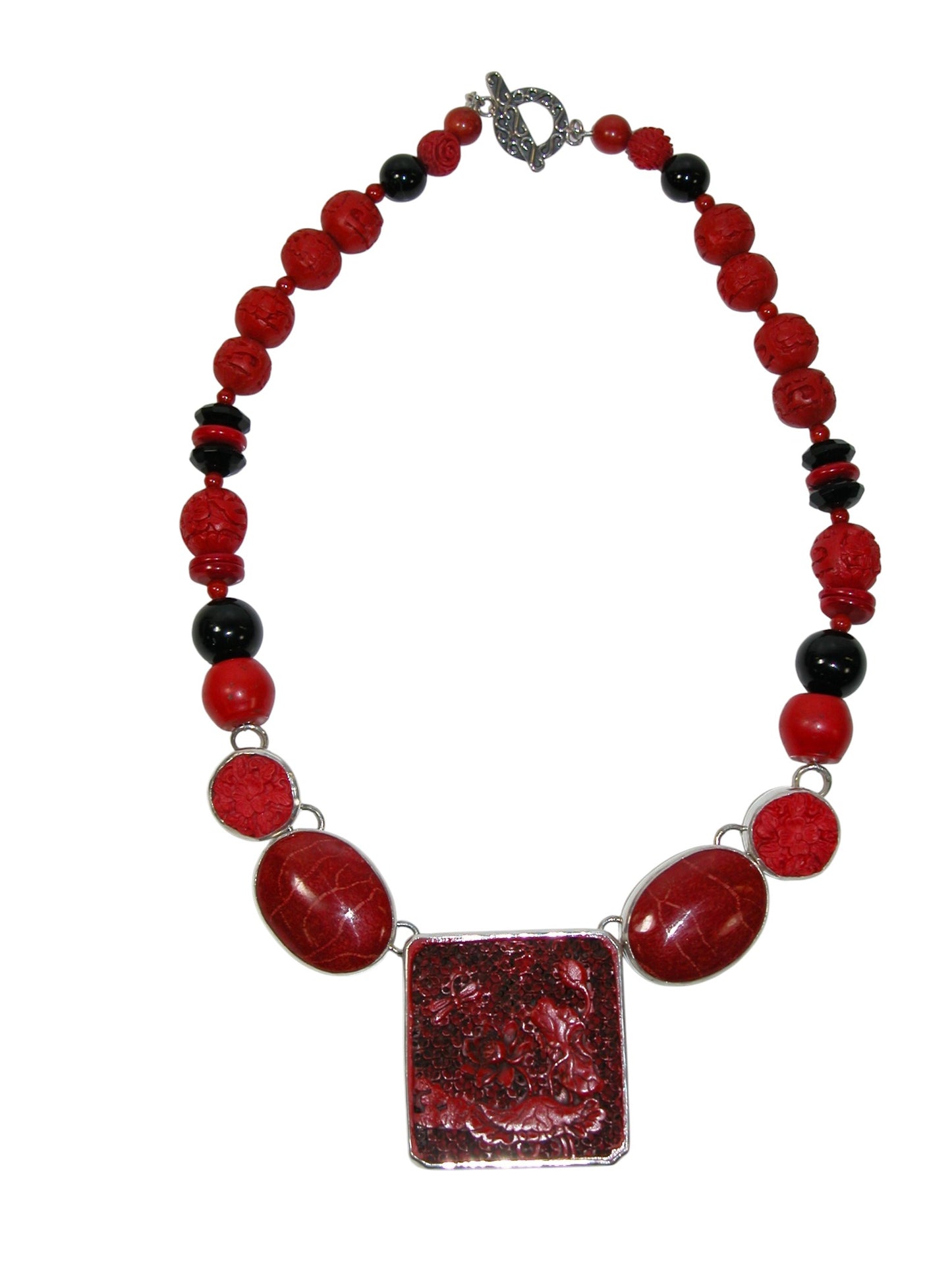 39598 Hand-Carved Cinnabar Beaded Necklace