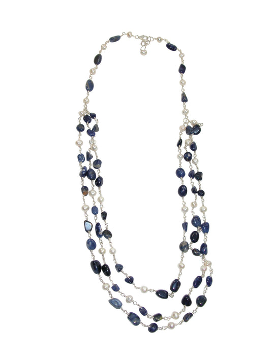 N5482 Sodalite Pearl 3 Strand Short Necklace