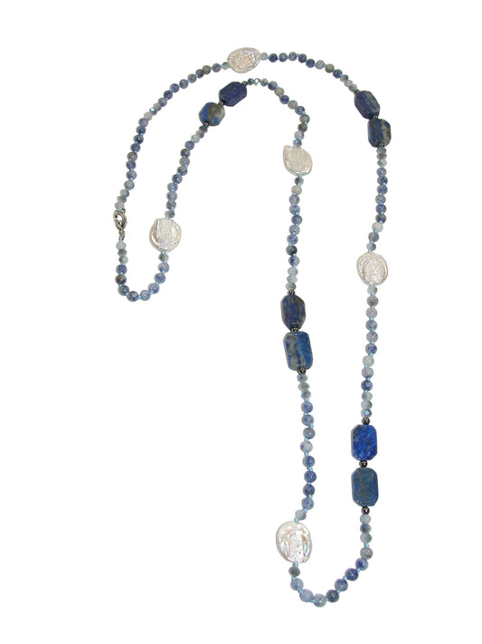 N5483 Sodalite Pearl Long Knotted Necklace
