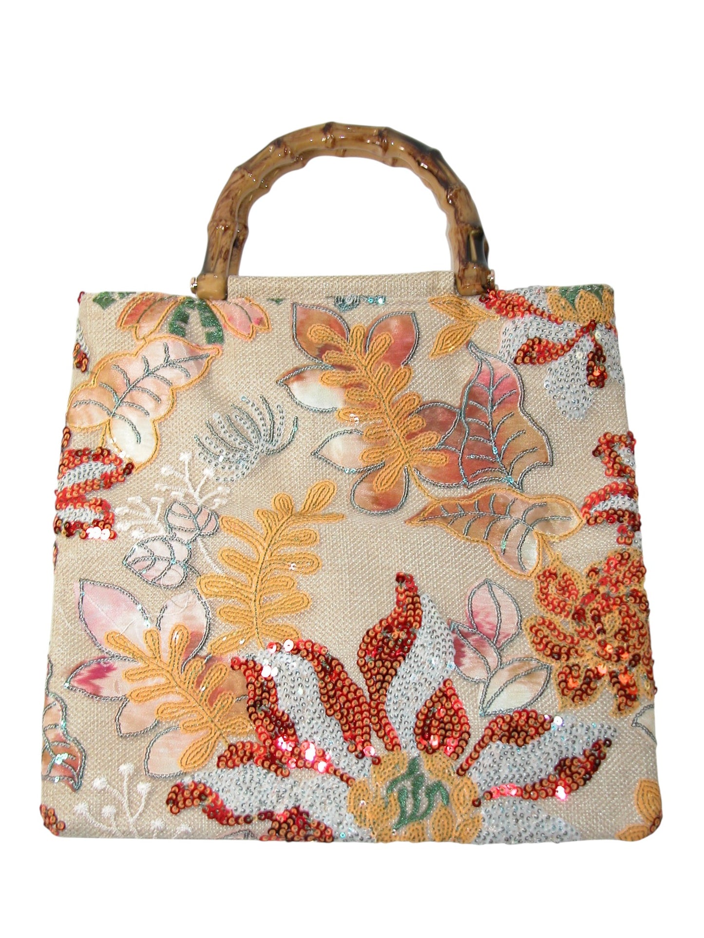 Floral Sequin Bamboo Handle Tote Handbag (GF4336)