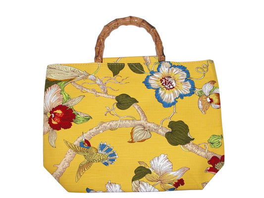 Yellow Floral Bamboo Handle Tote Handbag (GF4319)