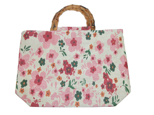 Pink Floral Handbag Tote with Bamboo Handle (GF4322)