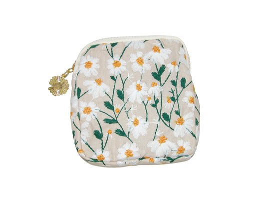 Embroidered White Floral Coin Purse Makeup Bag (GF4369)