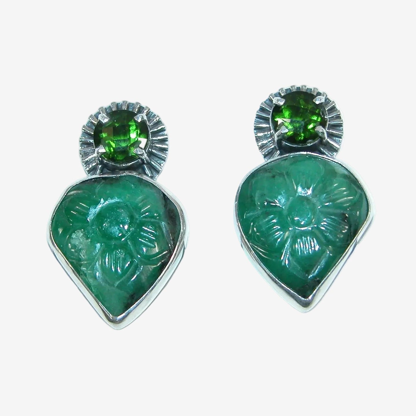 39583A Hand-Carved Emerald, Chrome Diopside Earrings