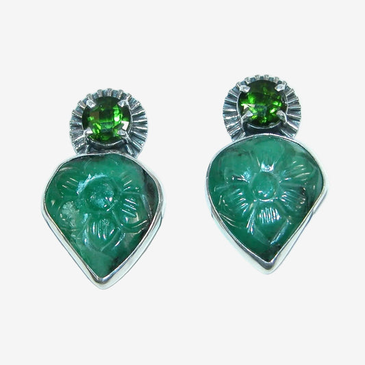 39583A Hand-Carved Emerald, Chrome Diopside Earrings