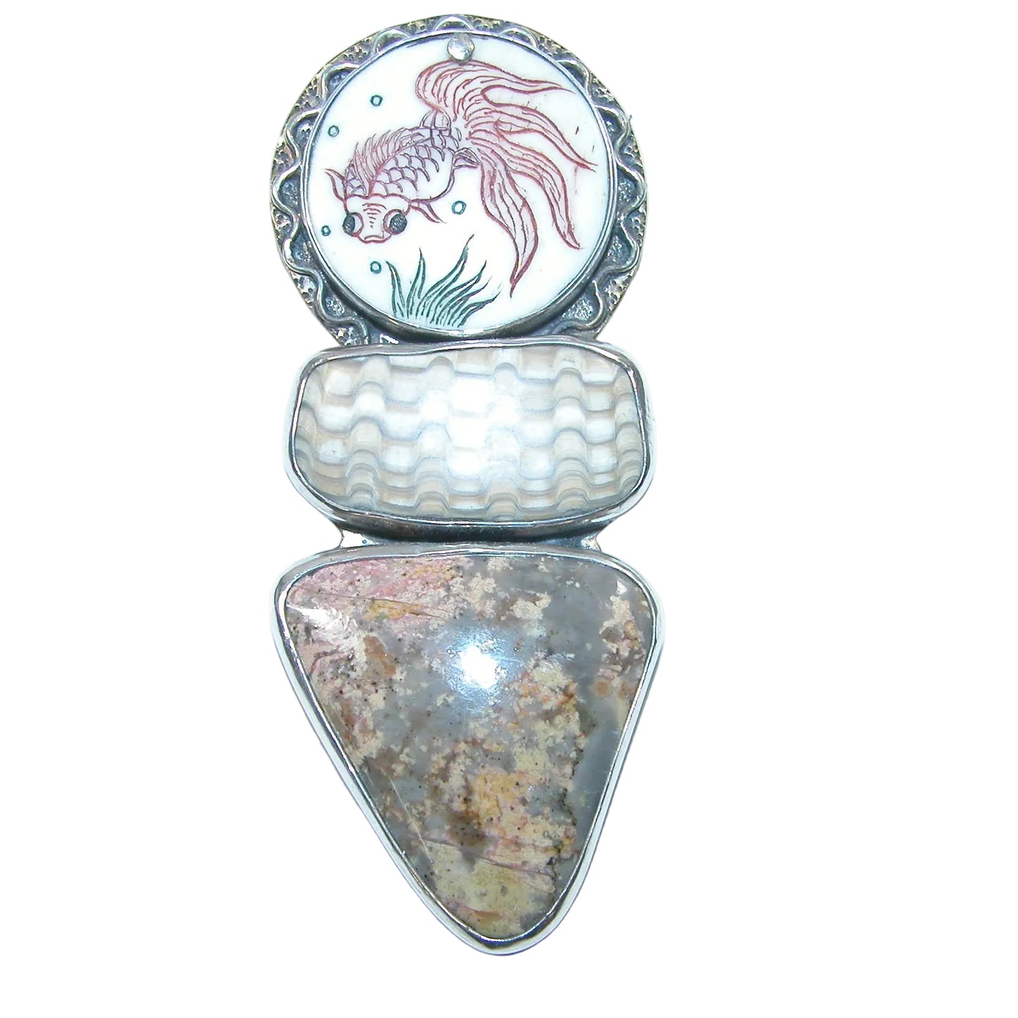 40009 Scrimshaw, Fossil Shell, Sunset Jasper Sterling Silver Pin/Pendant