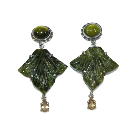 18918 Topaz, Malachite Carved Leaf Sterling Silver Earrings