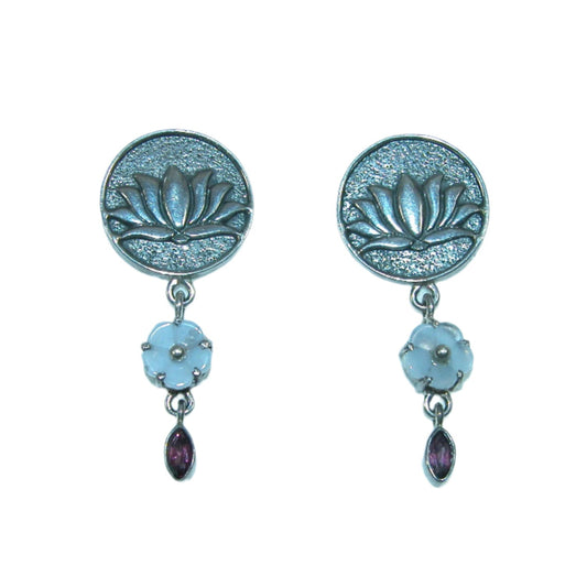 22341 Blue Lace Agate, Quartz Lotus Floral Sterling Silver Earrings