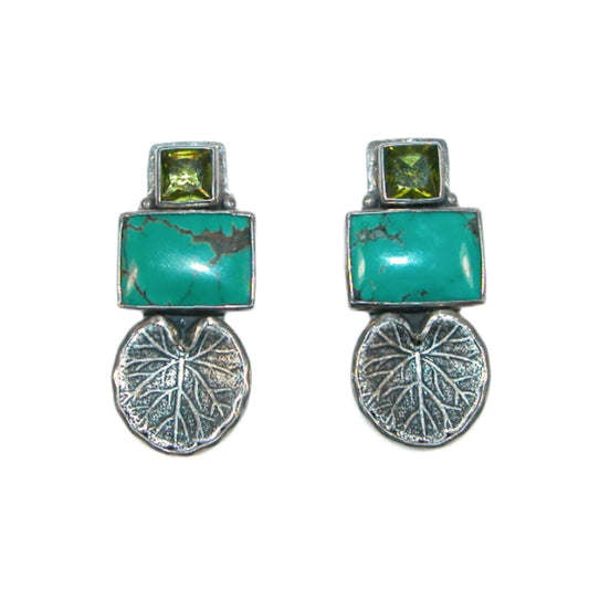 30029 Turquoise Peridot Patina Leaf Sterling Silver Earrings