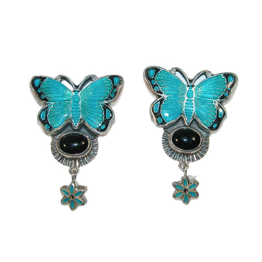 30591 Blue Enameled Black Onyx Sterling Silver Earrings