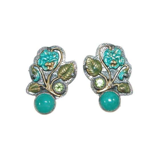 31025 Amazonite, Peridot, Hand Painted Enamel Floral Sterling Silver Earrings