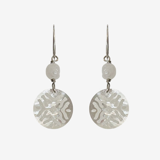 E3171 Carved Mother of Pearl, White Quartz Earrings