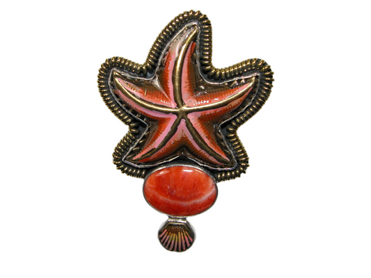 32618 Hand Enameled Starfish, Spiny Oyster, Sterling Silver Pin and Pendant
