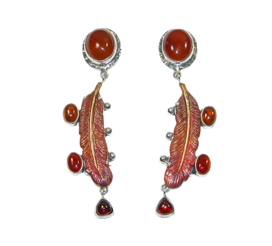 33247 Hand Enameled Leaf, Carnelian, Garnet, Sterling Silver Earrings