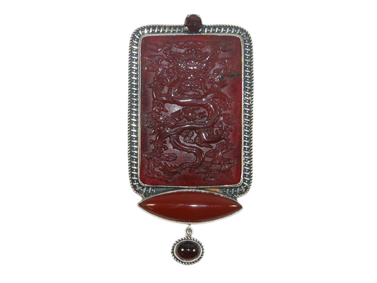 32944 Hand Carved Carnelian Dragon, Sterling Silver Pin and Pendant