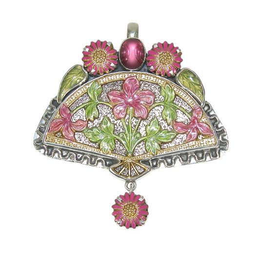 Flower Hand Enamel Fan Sterling Silver Pin and Pendant