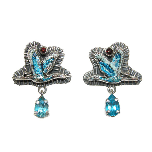 33895 Hand Enamel Blue Crane Sterling Silver Earrings