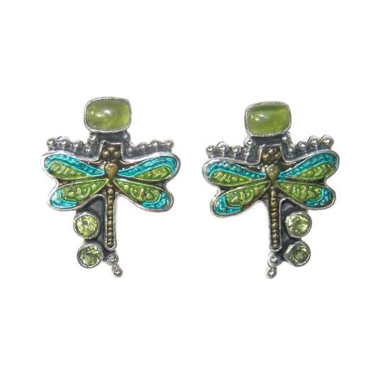 Hand Enamel Dragonfly Peridot Sterling Silver Earrings