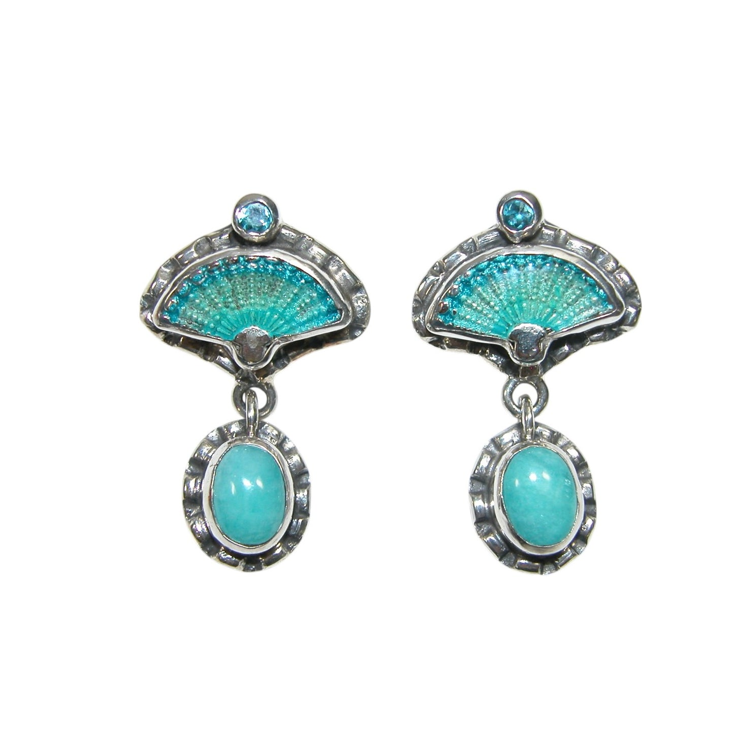 33891 Turquoise Hand Enamel Fan Sterling Silver Earrings