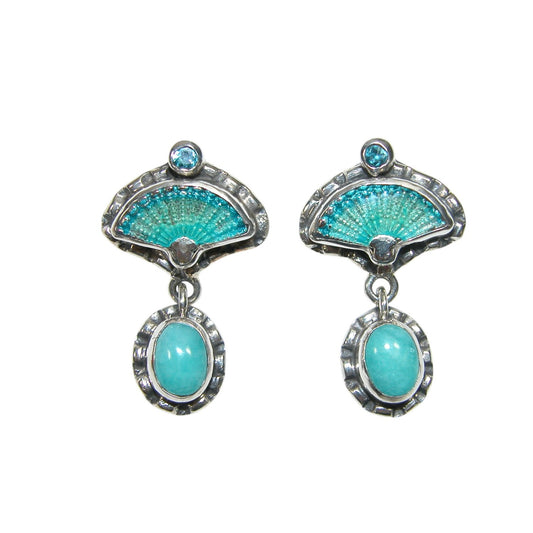 33891 Turquoise Hand Enamel Fan Sterling Silver Earrings