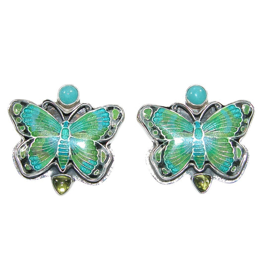 Hand Enamel Green Butterfly Sterling Silver Earrings
