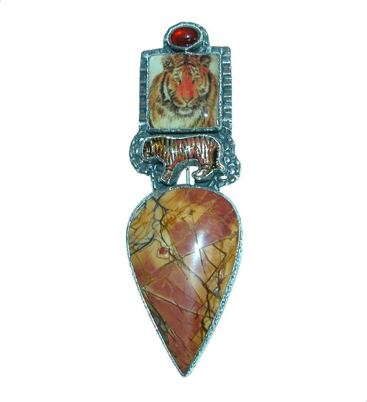 31649 Tiger Hand Enameled Tile, Hessonite, Cherry Creek Jasper, Sterling Silver Pin and Pendant