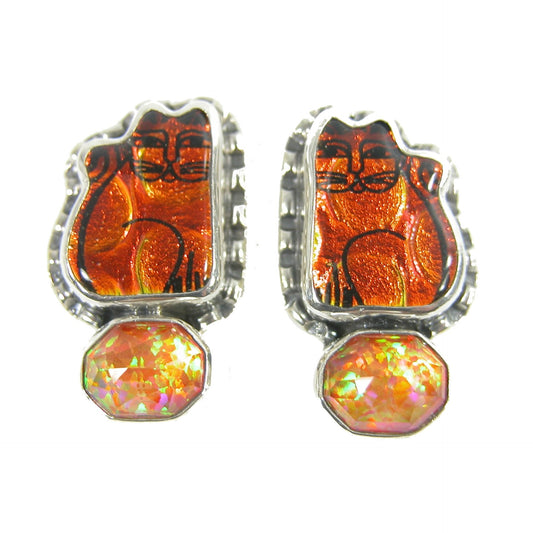 22660 Dichroic Glass, Opal Under Quartz Cat Sterling Silver Earrings