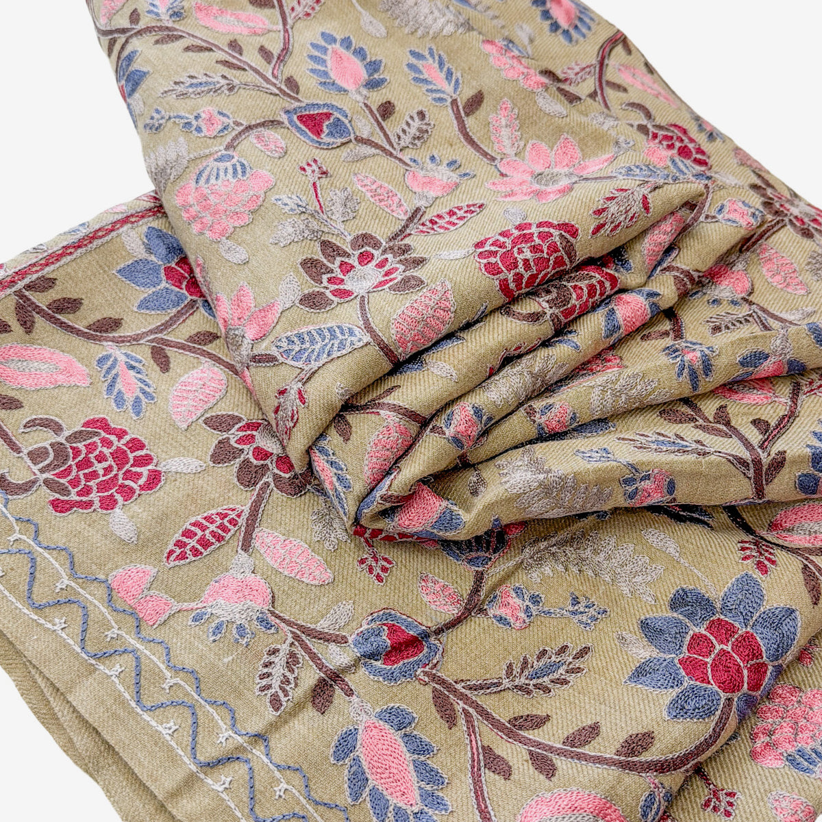 Embroidered Shawl, Tan / Raspberry, Cornflower, Pink Floral (GF4313)