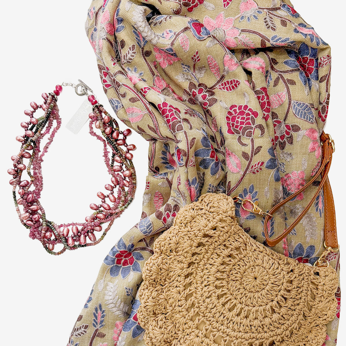 Embroidered Shawl, Tan / Raspberry, Cornflower, Pink Floral (GF4313)