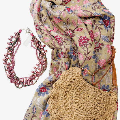 Embroidered Shawl, Tan / Raspberry, Cornflower, Pink Floral (GF4313)