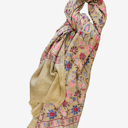 Embroidered Shawl, Tan / Raspberry, Cornflower, Pink Floral (GF4313)