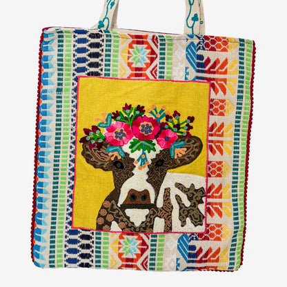 Embroidered 100% Cotton Tote, Cow (GF4555)