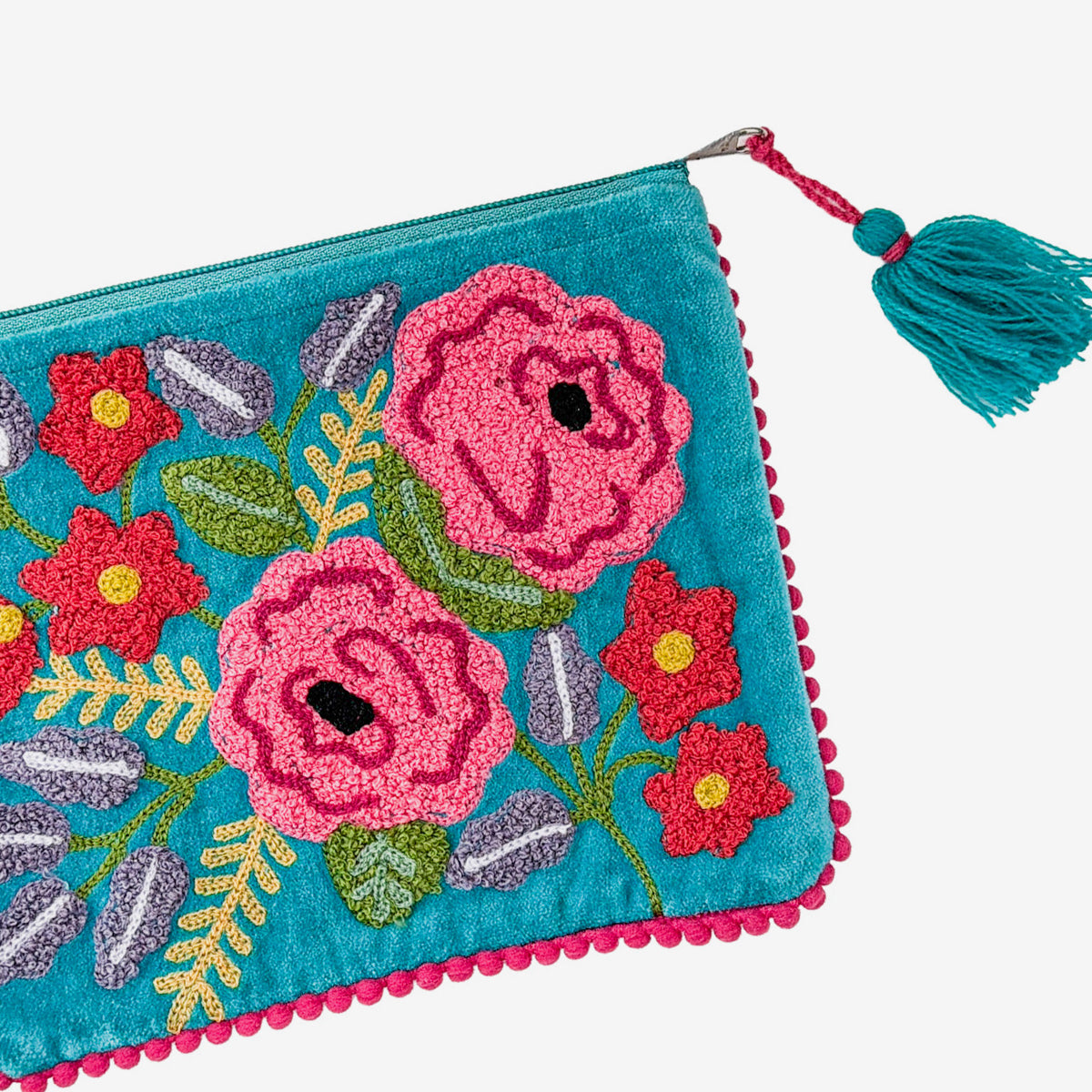 Embroidered 100% Cotton Pouch, Blue Floral (GF4556)