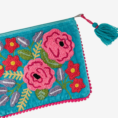 Embroidered 100% Cotton Pouch, Blue Floral (GF4556)