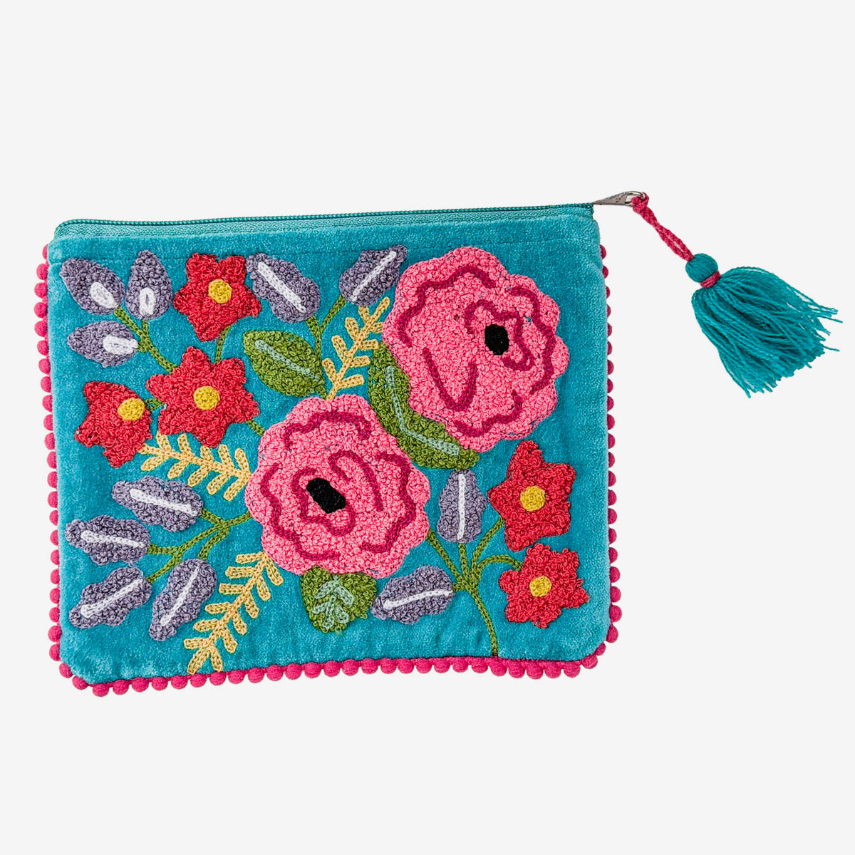 Embroidered 100% Cotton Pouch, Blue Floral (GF4556)