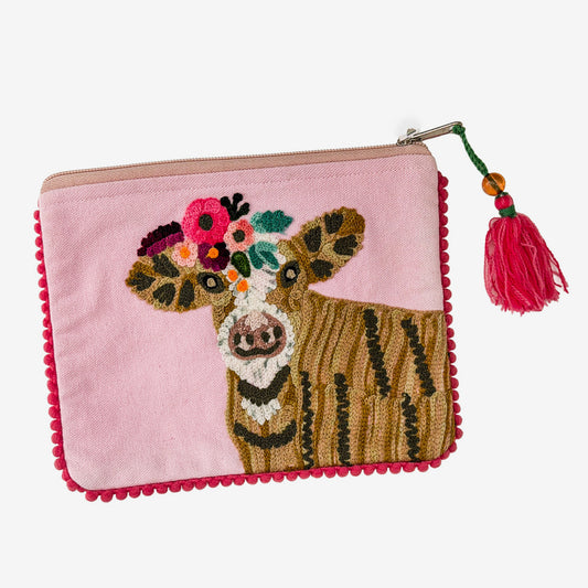 Embroidered 100% Cotton Pouch, Cow (GF4560)