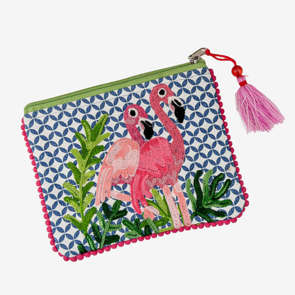 Embroidered 100% Cotton Pouch, Flamingo (GF4564)