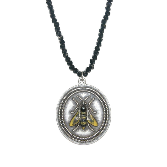 Black Onyx Beaded Copper Enameled Bee Sterling Silver Necklace