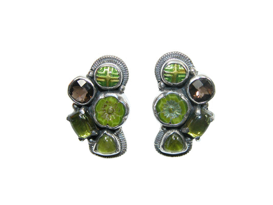 Peridot Smokey Quartz Cluster Sterling Silver Earrings