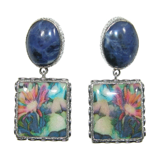 Hand Made Floral Tile Sterling Silver Earrings