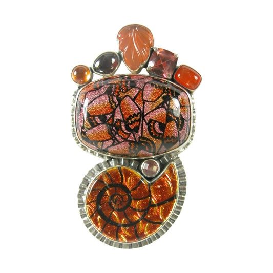 29377 Dichroic Glass Ammonite Garnet Carnelian Sterling Silver Pin Pendant