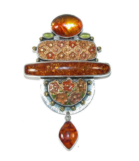 31511 Amber, Peridot Enamel Sterling Silver Pin and Pendant