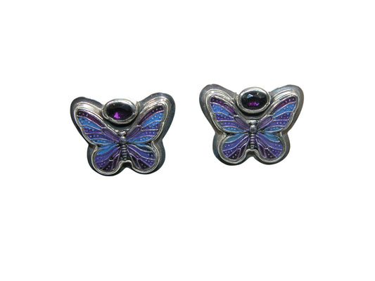 33875 Purple Hand Enamel Butterfly Amethyst Sterling Silver Earrings