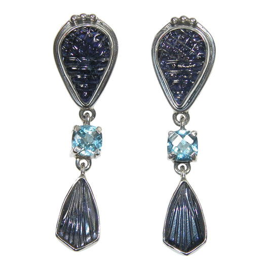 Carved Iolite Blue Topaz Sterling Silver Earrings