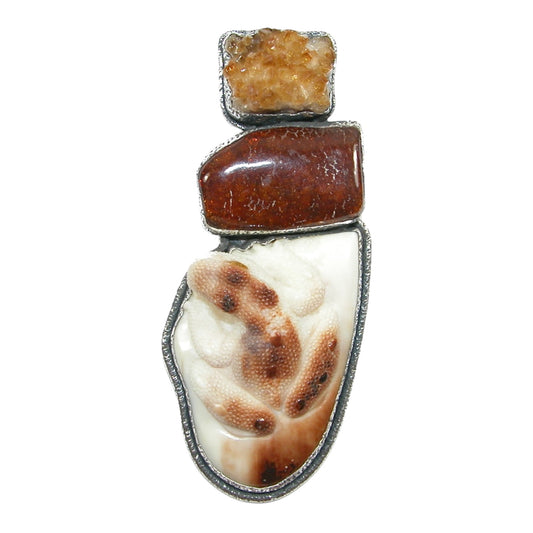 31797 Cinnamon Topaz Amber Hand Carved Fossil Ivory Frog Sterling Silver Pin and Pendant
