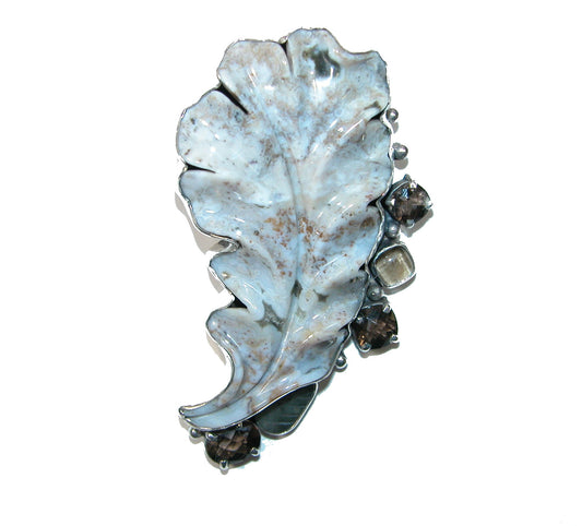 32483B Carved Ocean Jasper Leaf, Smoky Quartz Sterling Silver Pin and Pendant