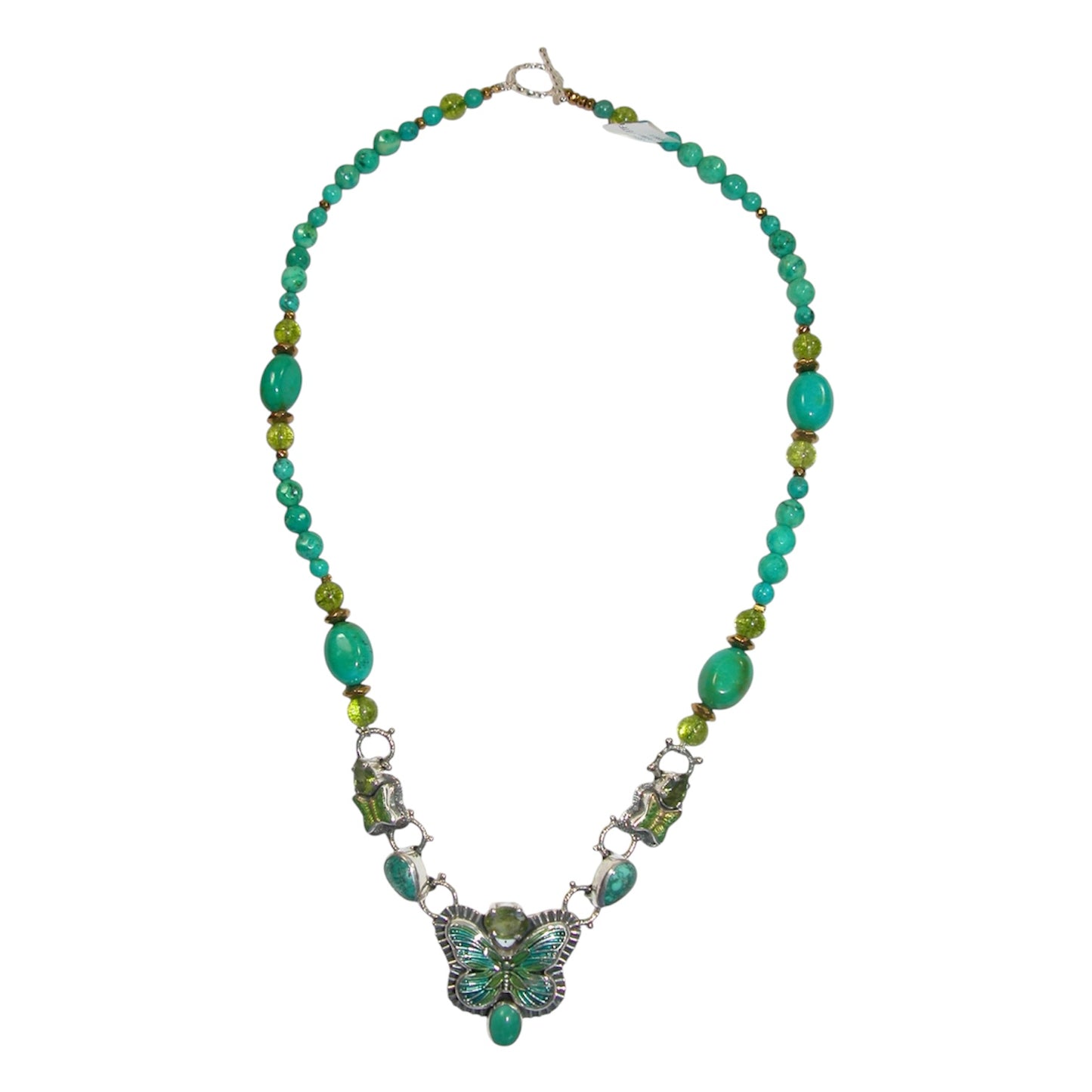 33147 Turquoise, Peridot, Butterfly Sterling Silver Necklace